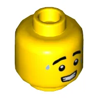 Minifig Head Ice Cream Vendor, Thick Eyebrows, Bright Light Blue Sweat Drops, Open Mouth with Teeth Print