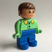 Duplo Figure, Early, with Short Parted Hair Brown, Blue Legs, Blue Buttons and Lime Collar Print