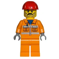 Construction Worker, Orange Jacket with Zipper and Reflective Stripes, Orange Legs, Red Hard Hat, Moustache and Stubble