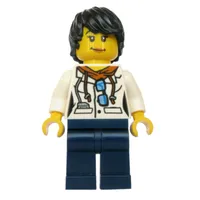 Scientist, Woman, White Jacket over Hoodie with Sunglasses, Dark Blue Legs, Black Hair
