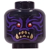 Minifig Head Zarkt, Red Eyes, Dark Tan Sharp Teeth, Fangs, Dark Purple Markings, Closed Mouth / Open Mouth