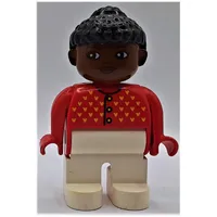 Duplo Figure, Early, Curly Hair with Bun Black, White Legs, Cardigan with Yellow V Stitching and Buttons Print