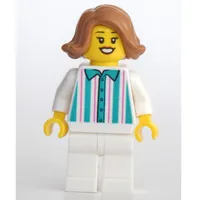 Woman, Shirt with White and Dark Turquoise Stripes, White Legs, Medium Nougat Hair