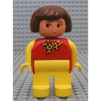 Duplo Figure, Early, Hair Bob Brown, Yellow Legs, Yellow Arms, Yellow Scarf with Red Dots, No White in Eyes Print