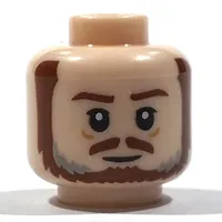 Minifig Head Qui-Gon Jinn, Reddish Brown Eyebrows, Moustache, Beard, Dark Bluish Grey Streaks, Wrinkles, Closed Mouth / Angry Open Mouth Print