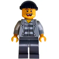 Criminal, Open Light Bluish Gray Jacket over Prison Shirt, Dark Bluish Gray Legs, Black Hat, Missing Tooth (3626c Head)