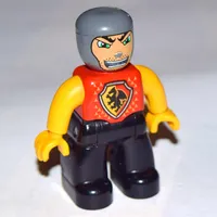 Duplo Figure with Rounded Head with Black Legs, Red Chest with Dragon Shield, Bright Light Orange Arms and Hands, Stubble and Open Mouth