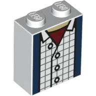 Brick 1 x 2 x 2 with Inside Stud Holder with Blue Jacket, White Blocked Shirt, Red Under Shirt, White Buttons print