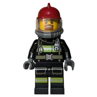 Firefighter, Black Fire Jacket with Straps and Gauge, Dark Red Helmet, Goatee Beard, Yellow Airtank
