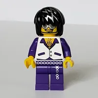 Musician, Man, White Vest over Dark Purple Shirt, Black Hair with Silver Streaks, Glasses