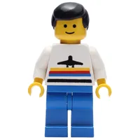 Man, White Shirt with Airplane, Blue Legs, Black Hair