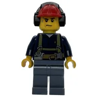 Construction Worker, Dark Blue Shirt with Harness, Red Hard Hat with Ear Defenders, Sweat Drops