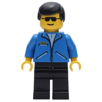 Man, Open Blue Jacket with Zipper, Black Legs, Black Hair, Sunglasses