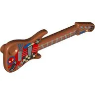 Musical Instrument Guitar Electric with Silver Strings, Frets, Black/White Squares, Face, Crossed Bones, Spider Face, Blue Dots, Red Board print