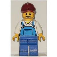 Man, Blue Overalls over White V-Neck Shirt, Dark Red Cap, Beard