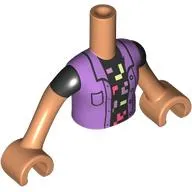 Minidoll Torso Girl with Nougat Arms and Hands with Medium Lavender Jacket, Black Shirt, Bright Light Yellow/Coral/Lavender Pixelated Decorations print