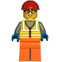 Construction Worker, Vibrant Yellow Safety Vest, Orange Legs, Red Hard Hat