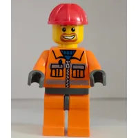 Construction Worker, Orange Jacket with Zipper and Reflective Stripes, Orange Legs, Red Hard Hat, Goatee Beard