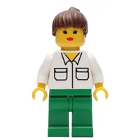 Woman, White Shirt with Pockets, Green Legs, Brown Hair