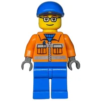 Ground Crew, Orange Jacket with Zipper and Reflective Stripes, Blue Legs, Blue Cap, Glasses