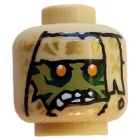 Minifig Head Kur, Bandages, Olive Green Face, Yellow Eyes, Crooked White Teeth, Grin, Light Bluish Grey Ponytail