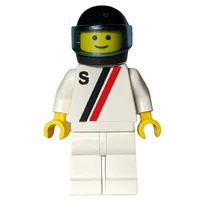 Racer, White Shirt with Two Stripes and 'S', White Legs, Black Helmet with Visor (3626a Head)
