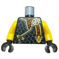 Torso, Ninja Robes, Dark Bluish Grey Trim, Scales, Dark Orange Banner with Asian Symbols, Gold Dragon Head print, Yellow Arms, Black Hands