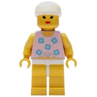Woman, Tied Pink Tank Top with Flowers, Yellow Legs, White Cap