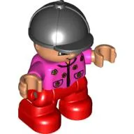 Duplo Figure Child with Riding Helmet Black, with Red Legs, Dark Pink Top with Flowers