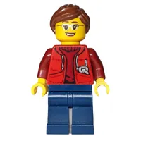 Marine Explorer, Woman, Open Red Jacket over Dark Red Sweater, Reddish Brown Hair, Glasses