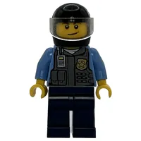 Policeman, Dark Bluish Gray Vest with Radio, Badge and Pouches over Medium Blue Shirt, Black Helmet with Visor