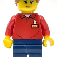 LEGOLAND Employee, Red Torso, Dark Blue Legs, Dark Blue Cap, Reddish Brown Hair