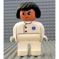 Duplo Figure, Early, Hair Bob Black, White Legs, Two Red Buttons and Blue EMT Star of Life Print