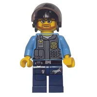 Policeman, Dark Bluish Gray Vest with Radio, Badge and Pouches over Medium Blue Shirt, Black Helmet with Visor, Beard and Glasses