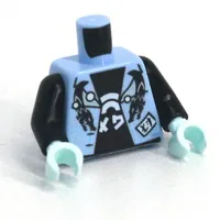 Torso Jacket Vest, Open over Black Undershirt with While Emblem Print, Black Arms, Light Aqua Hands