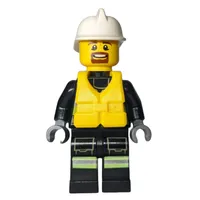 Fireman, Safety Vest with Flashlight, Pocket, and Belt, White Helmet, Yellow Life Vest, Goatee Beard