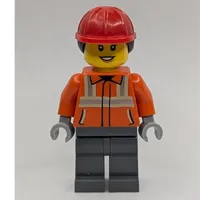 Construction Worker, Reddish Orange Jacket, Red Hard Hat with Ponytail