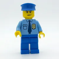 Policeman, Medium Blue Shirt with Badge and Tie, Blue Legs, Blue Hat, Scowl