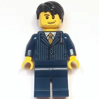 Man, Dark Blue Pinstripe Suit with Gold Tie, Black Hair