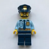 Policeman, Bright Light Blue Shirt with Radio and Badge, Dark Blue Legs, Police Hat with Badge, Beard