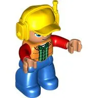 Duplo Figure with Headset and Cap Yellow, with Orange Vest over Green Shirt with Red Sleeves, Nougat Face and Hands, and Blue Legs