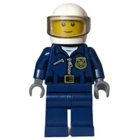 Policeman, Dark Blue Jacket with Zipper, Badge, and 'POLICE' on Back, White Helmet with Visor