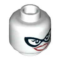 Minifig Head Harley Quinn, Dual Sided, Black Eyemask, Dark Red Lips, Diamond on Cheek, Wide Smile / Blue Eye Shadow, Frown Print [Hollow Stud]