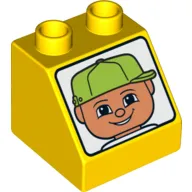 Duplo Brick 2 x 2 Slope 45° with Male Light Nougat Face with Lime Baseball Cap Print