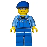 Man, Blue Overalls, Blue Cap, Silver Sunglasses