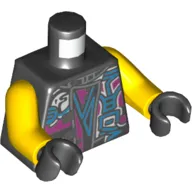 Torso Jacket, Dark Bluish Gray Buckles and Straps, Dark Pink Accents, Medium Azure Symbols Print, Yellow Arms, Black Hands