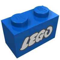 Brick 1 x 2 with LEGO Logo Open O White with Black Outline Print