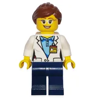 Scientist, Dark Blue Legs, Name Badge, Glasses, Female