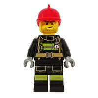 Fireman, Black Fire Suit with Gauge and Straps, Red Helmet, Stubble and Scar