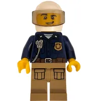 Policeman, Dark Blue Shirt with Radio and Badge, Dark Tan Legs, White Helmet with Visor